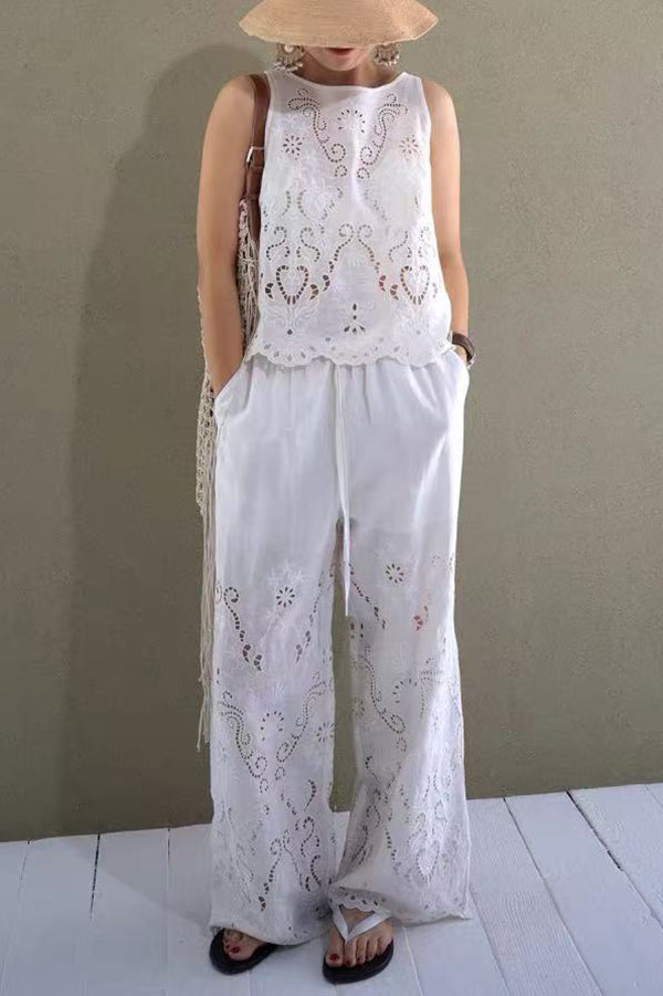 Linen Blend Solid Color Embroidered Hollow Loose Vest and Elastic Waist Casual Pocket Wide Leg Pants Set