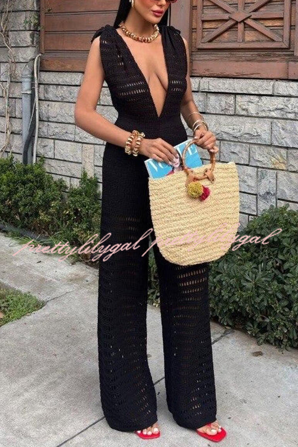 Solid Color Knitted V-neck Holiday Hollow Casual Jumpsuit