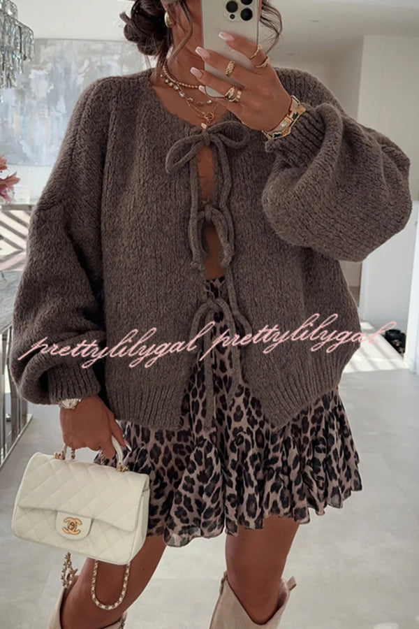 Solid Color Long-sleeved V-neck Lace-up Loose Knitted Sweater