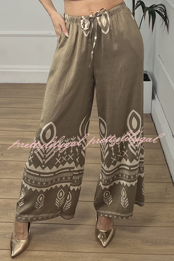 Unique Print Elastic Waist Casual Pocket Wide Leg Pants