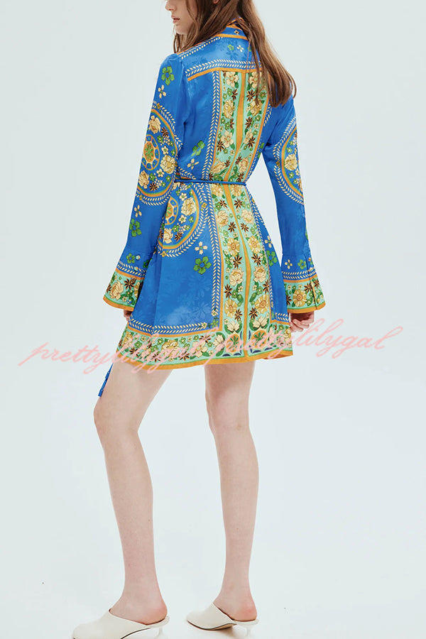 Katia Satin Unique Print Shaped Collar Tie-up Waist Shirt Mini Dress