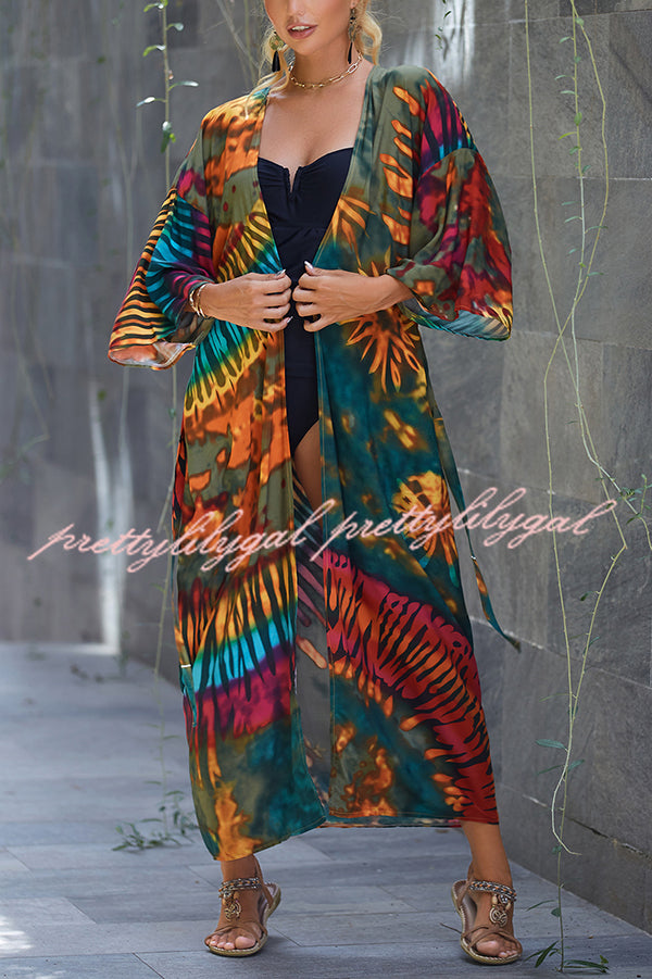 Unique Print Loose Lace Up Holiday Maxi Cover Up