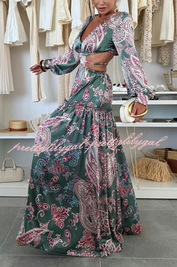 Gabbie Satin Paisley Print Cutout Elastic Waist Long Sleeve Full Hem Maxi Dress