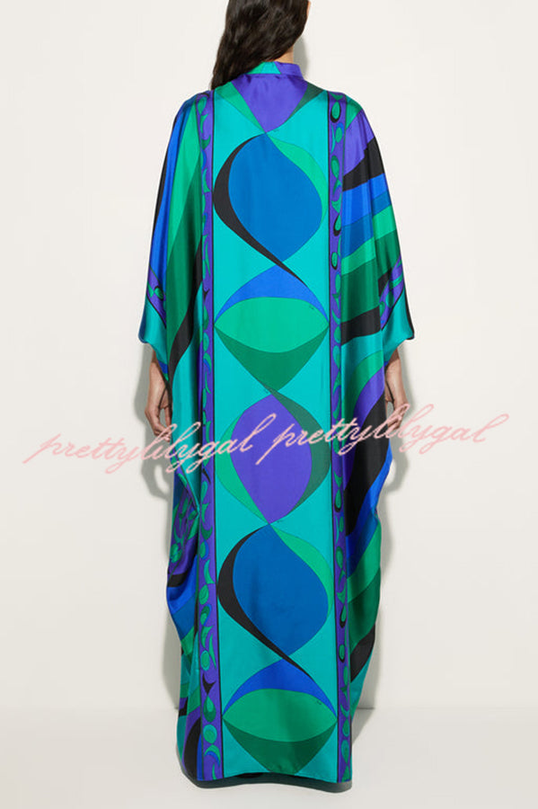 Holiday Choice Satin Unique Print Drape Wide Sleeve Loose Kaftan Maxi Dress