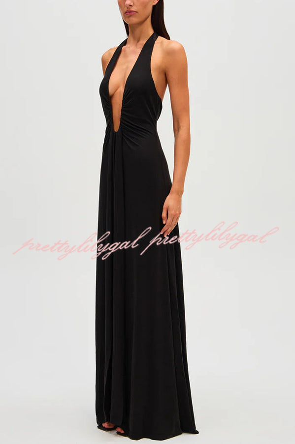 Sexy Silhouette Deep U-neck Halter Waterfall Sash Drape Maxi Dress