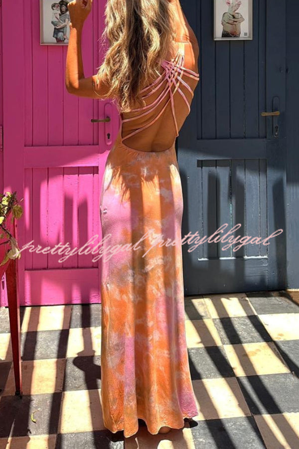 Summer Adventures Tie-dye Print Back Lace-up Stretch Maxi Dress