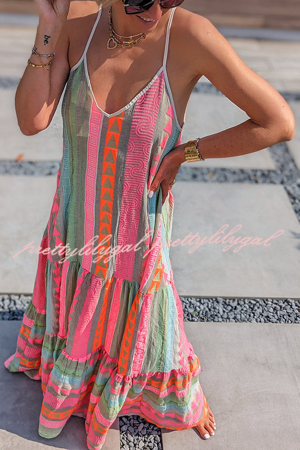 Away on Vacay Ethnic Print A-line Cami Maxi Dress