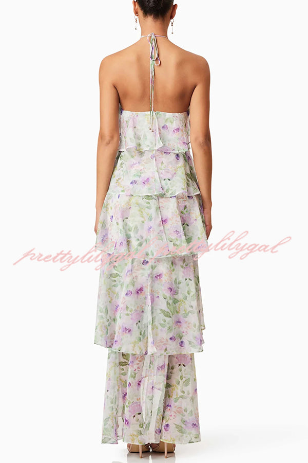 Cocktail Party Sheer Floral Georgette Halter Flowy Tiered Maxi Dress