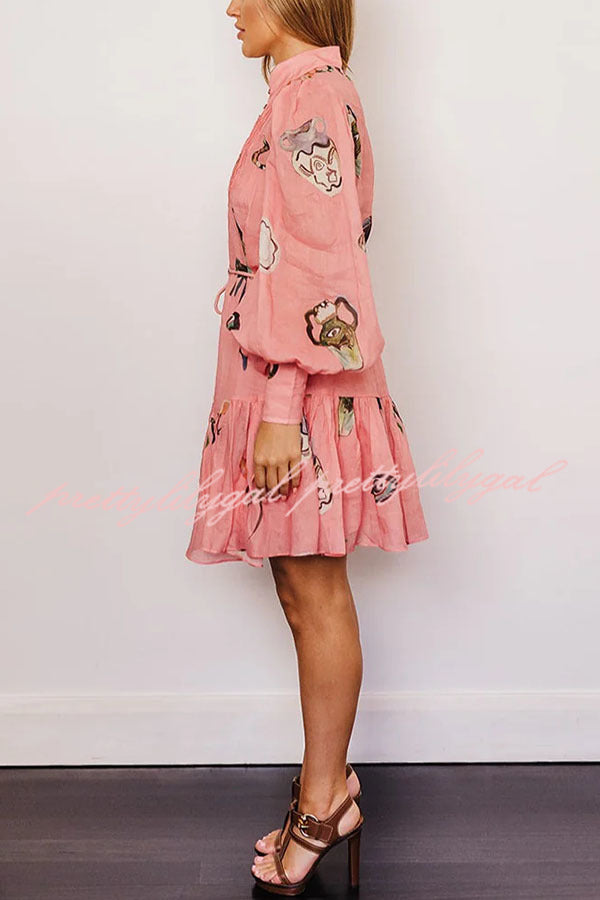Unique Print Single Breasted Balloon Sleeve Tie Waist Ruffled Mini Dress