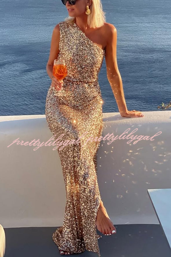 Santorini Night Sequin Fabric One Shoulder Slit Maxi Dress