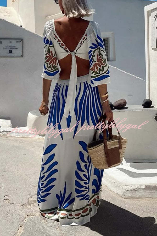 Linen Blend Unique Printed V-Neck Hollow Backless Lace-Up Holiday Maxi Dress