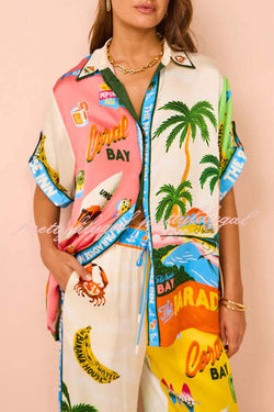 Kissed By The Sun Satin Unique Print Colorblock Button Down Oversized Blouse