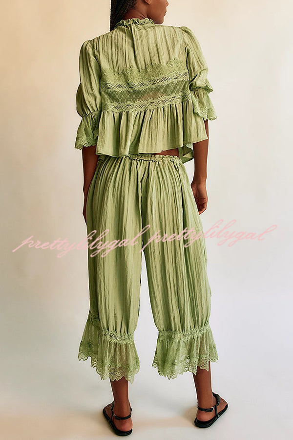 Pastoral Style Elastic Waist Lace Hem Bloomer Pants
