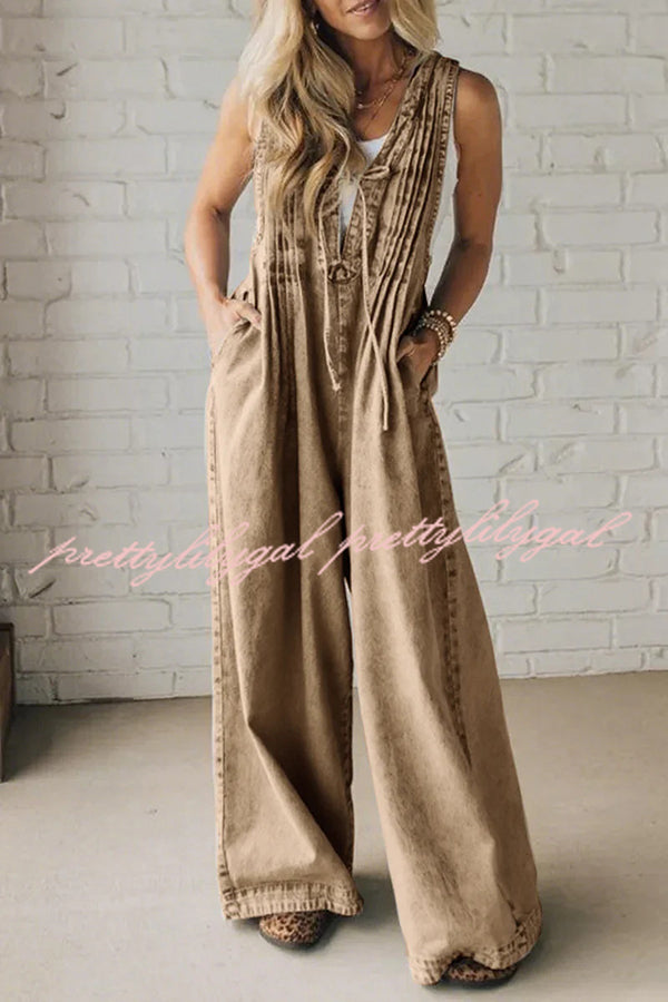 Fashionable and Casual Sleeveless V-neck Lace-up Loose Pocket Jumpsuit