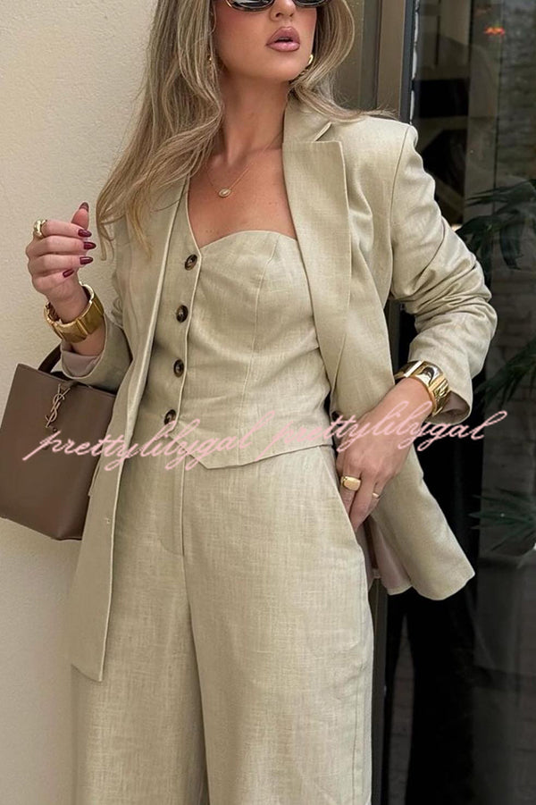 Solid Color Lapel Blazer + Slim Waistcoat and Pocket Wide-leg Pants Three-piece Set