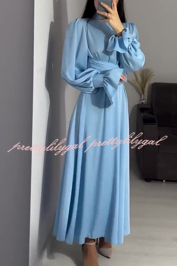 Solid Color Ruffled Sleeves Waisted Tie Slim Fit Maxi Dress