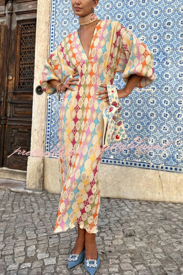 Gorgeous Sunshine Colorful Unique Print Kimono Puff Sleeve Midi Dress