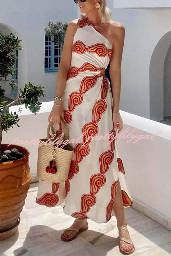 Enjoy A Sunny Linen Blend Shell Print One Shoulder Cutout Waist Tie-up Slit Maxi Dress