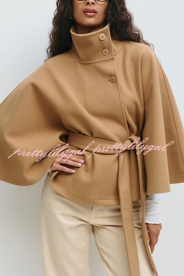 Fashionable Stand Collar Button Waist Tie Loose Cape