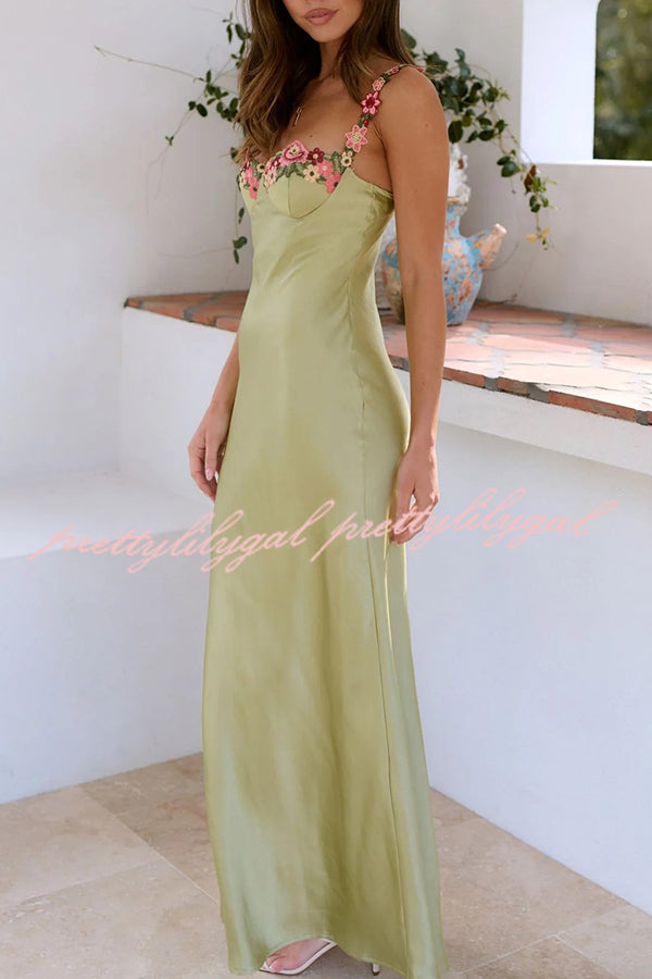 Endless Love Satin Embroidered Flower Trim Strap Maxi Dress