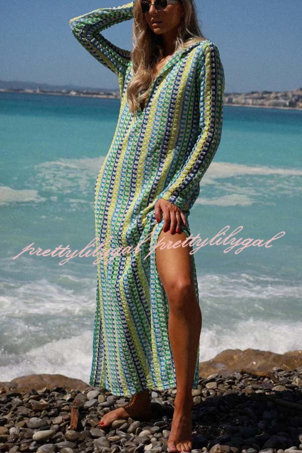 Eleanor Knit Colorful Wave Unique Print Shirt U-neck Long Sleeve Slit Maxi Dress