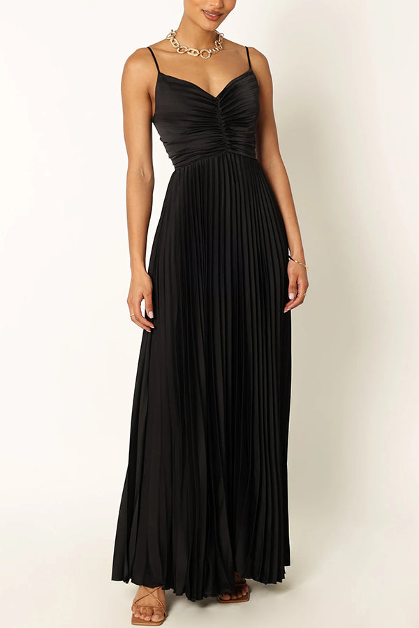 Catch The Light Satin Pleated V-neck Slip Maxi Dress