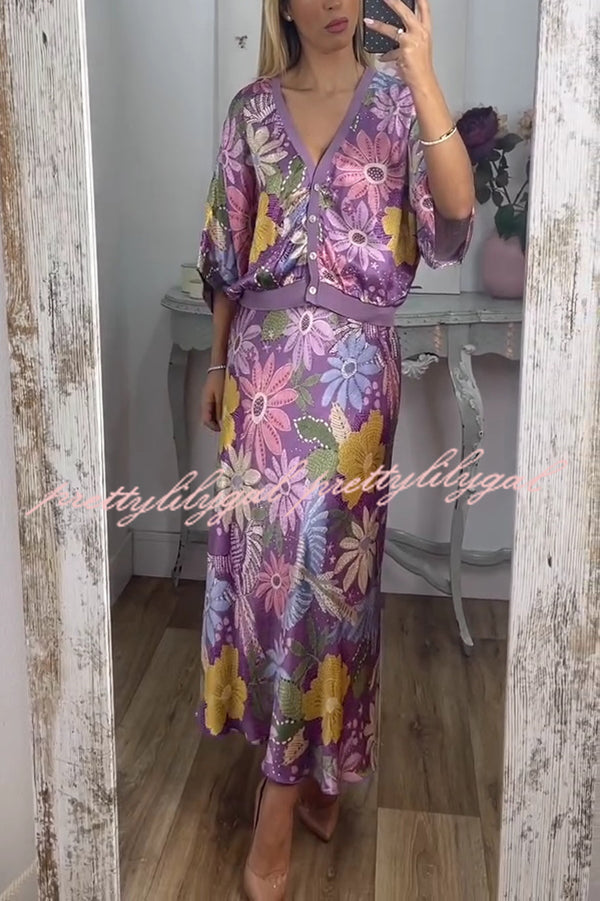 Satin Floral Print V-neck Half-sleeve Loose Top and Elegant Maxi Skirt Set