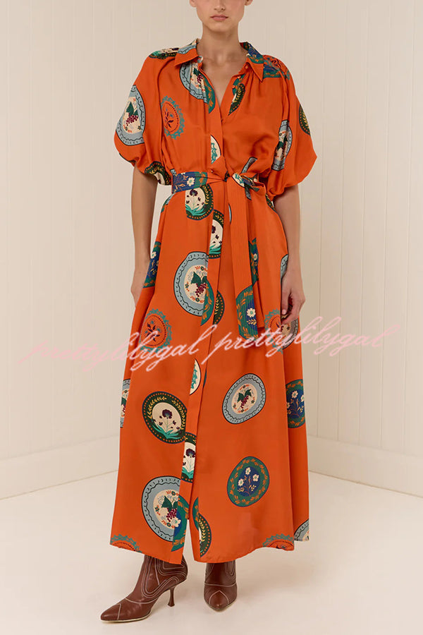Linen Blend Unique Print Lapel Loose Tie Cardigan Maxi Dress