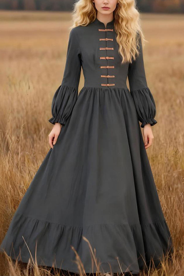 Linen Blend Vintage Long-sleeved Casual Holiday Maxi Dress