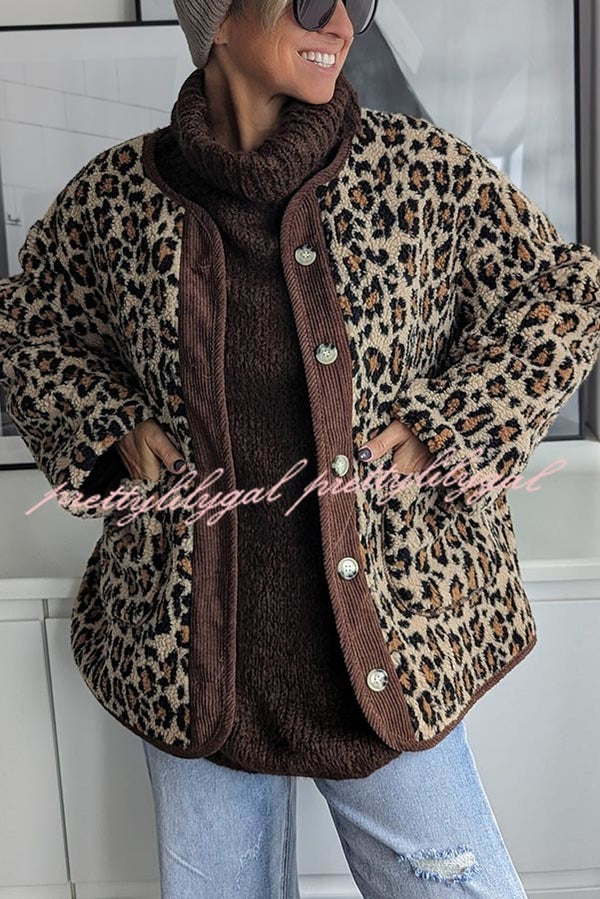 Warm Feel Colorblock Leopard Print Plush Button Up Pocketed Teddy Jacket