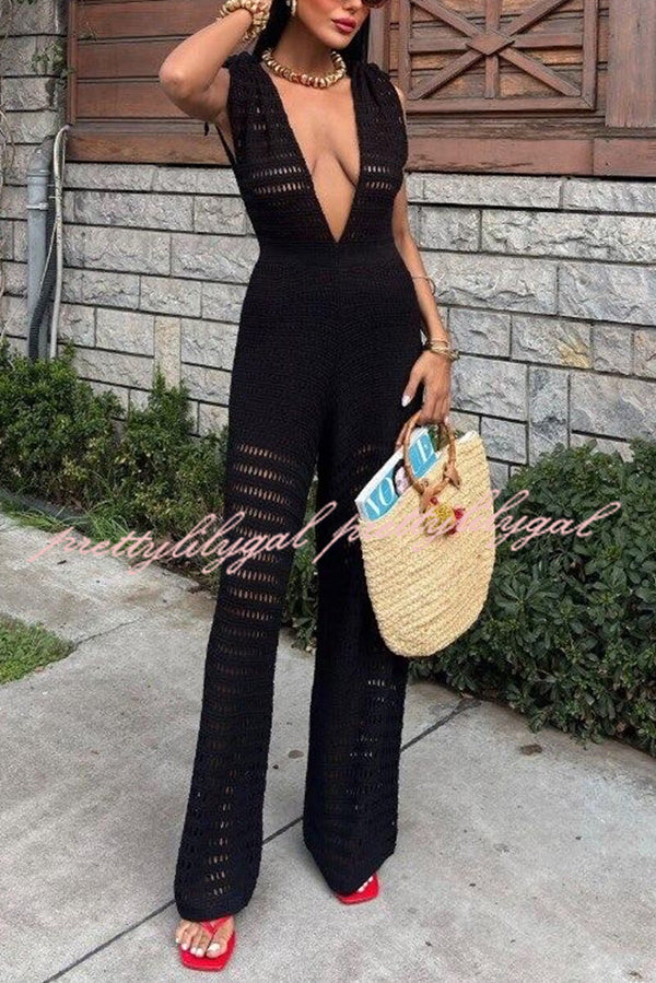 Solid Color Knitted V-neck Holiday Hollow Casual Jumpsuit