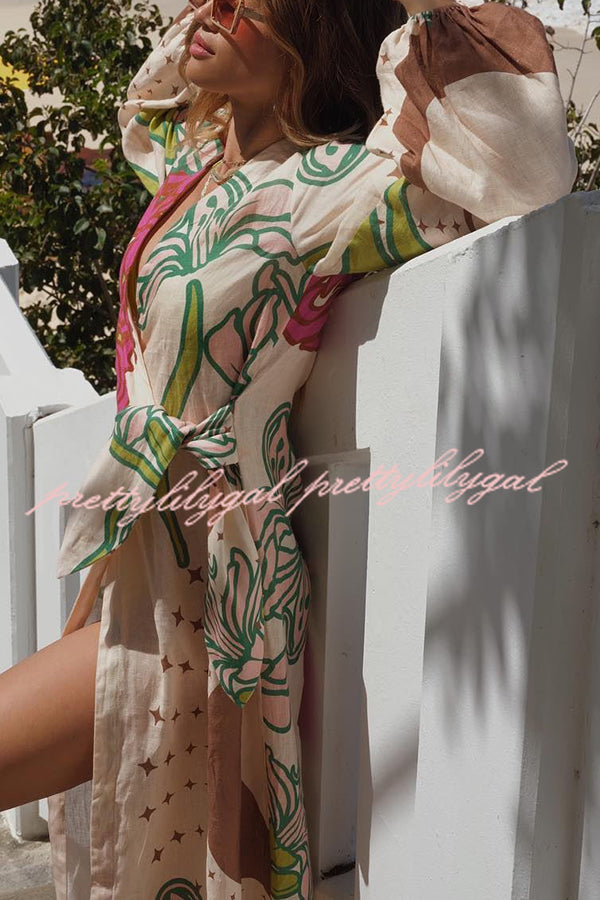 Tracey Linen Blend Unique Print Balloon Sleeve Tie-up Tunic Maxi Dress –  prettylilygal