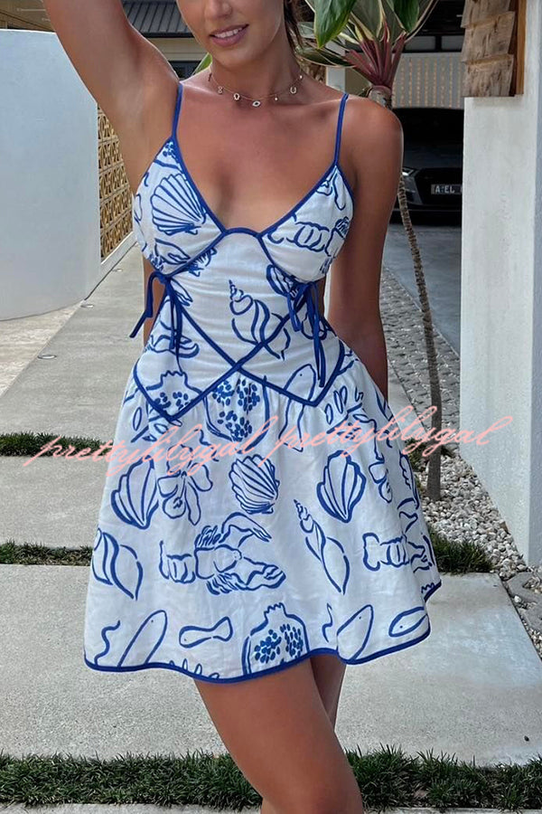 Summer Beach Graphic Print Backless Strappy Mini Dress