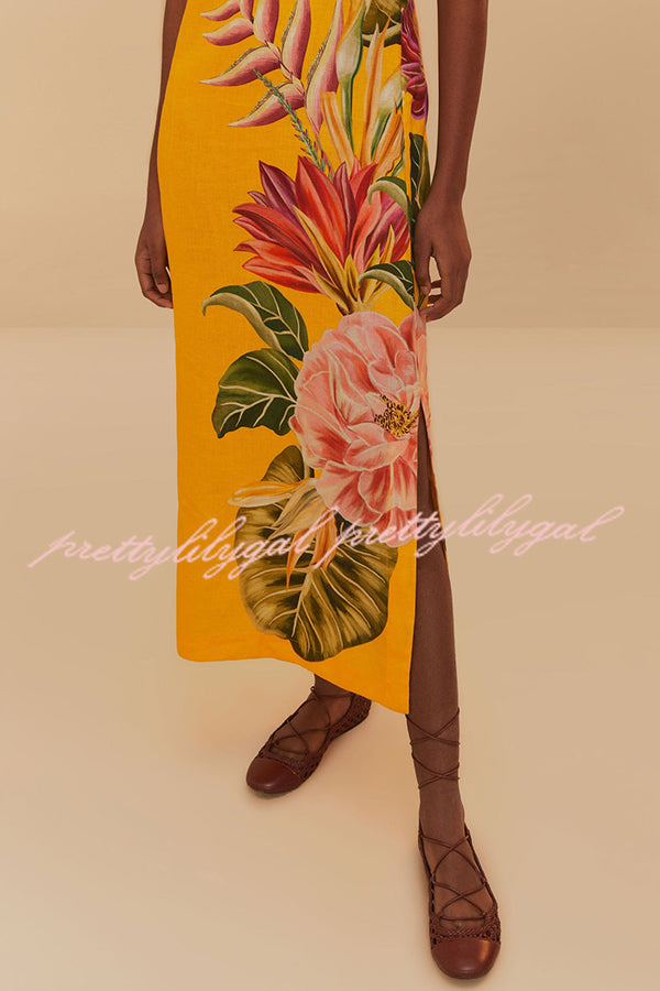 Plant Print V-neck Open Back Holiday Style Slit Midi Dress