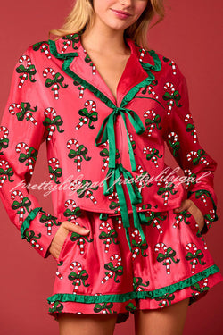 Christmas Holiday Print Bow Tie Long Sleeve and Elastic Waist Loose Shorts Set