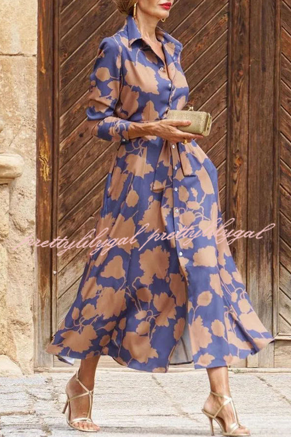 Lapel Floral Print Lace Up Buttoned Pockets Long Sleeve Midi Dress