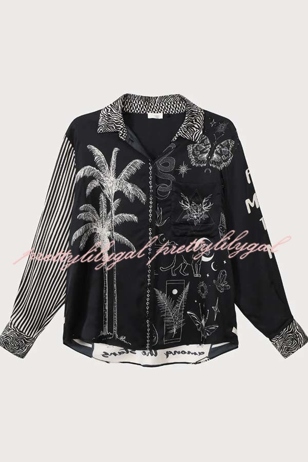 Black Magic Satin Unique Print Long Sleeve Blouse and Elastic Waist Pocket Wide Leg Pants Set