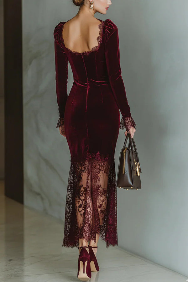 Fashionable Velvet and Lace Patchwork Square Neck Long-sleeved Maxi Dress