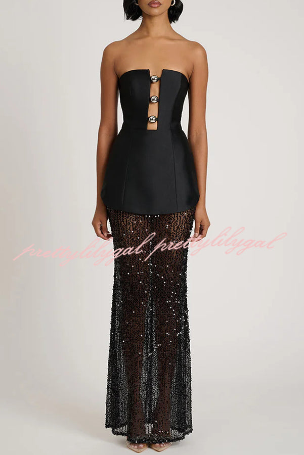 Nerissa Satin cutout metal ball Patchwork sequin hem strapless maxi dress