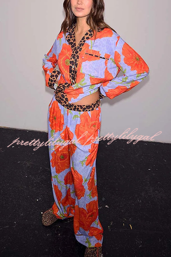 Color-block Poppy Leopard Print Trim Loose Shirt and Elastic Waist Pocketed Pajama Set
