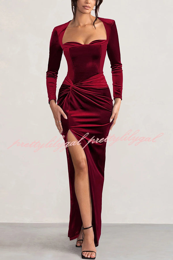 Hollywood Glamor Velvet Plunge Neck Long Sleeve Twisted Slit Stretch Maxi Dress