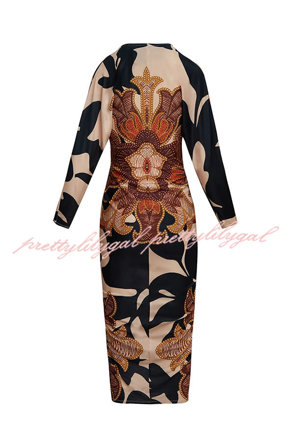 Verra Unique Print Dolman Long Sleeve Ruched Slit Midi Dress