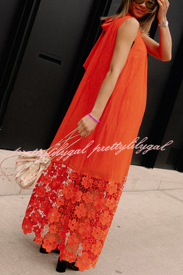 Breezy Comfort Tie-up Neck Sleeveless Floral Lace Hem Maxi Dress