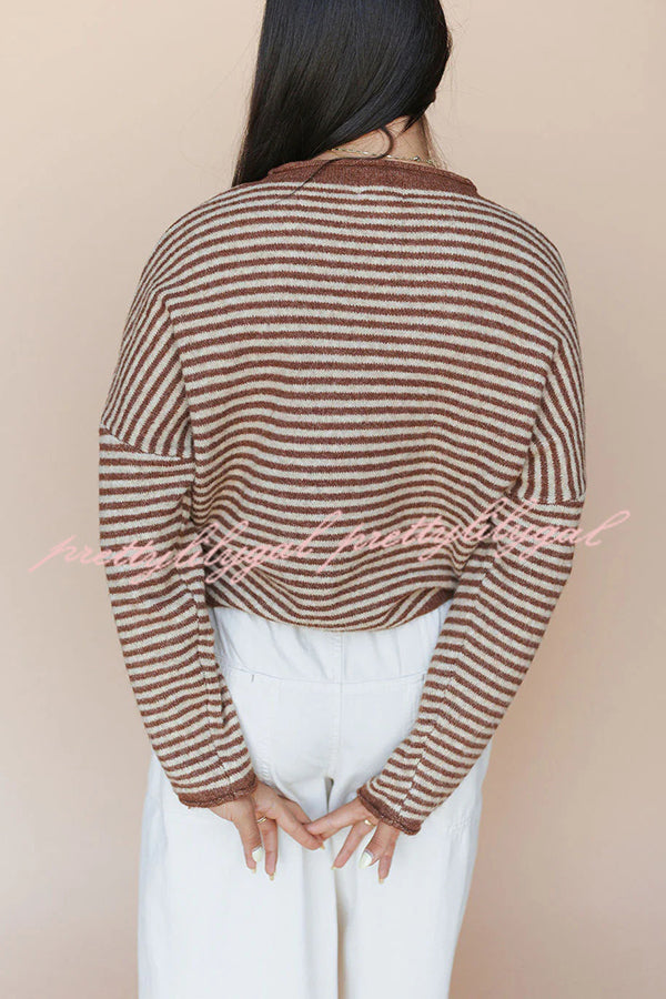 Fashionable Contrast Striped Casual Long-sleeved Knitted Cardigan