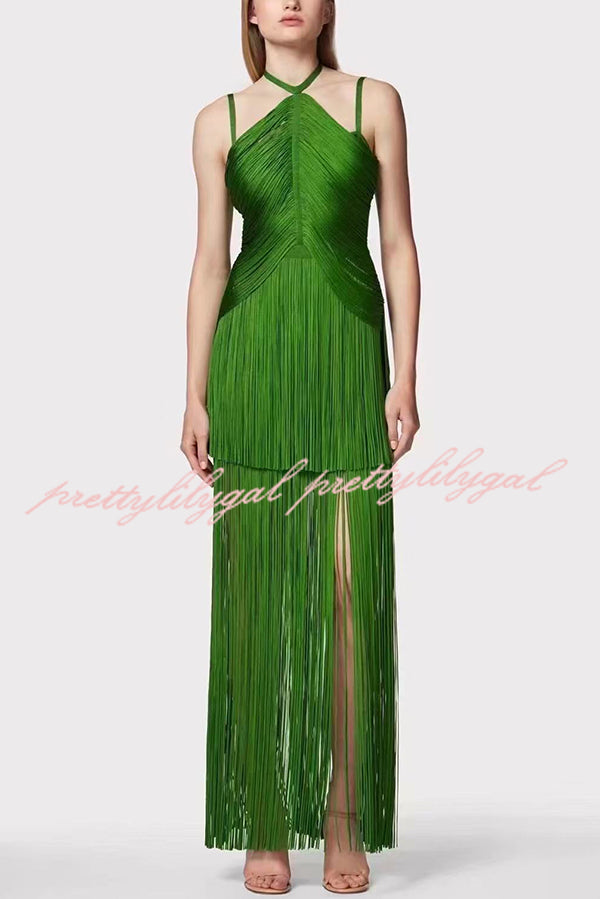 Sexy Halterneck Open Back Elegant Tassel Slim Maxi Dress