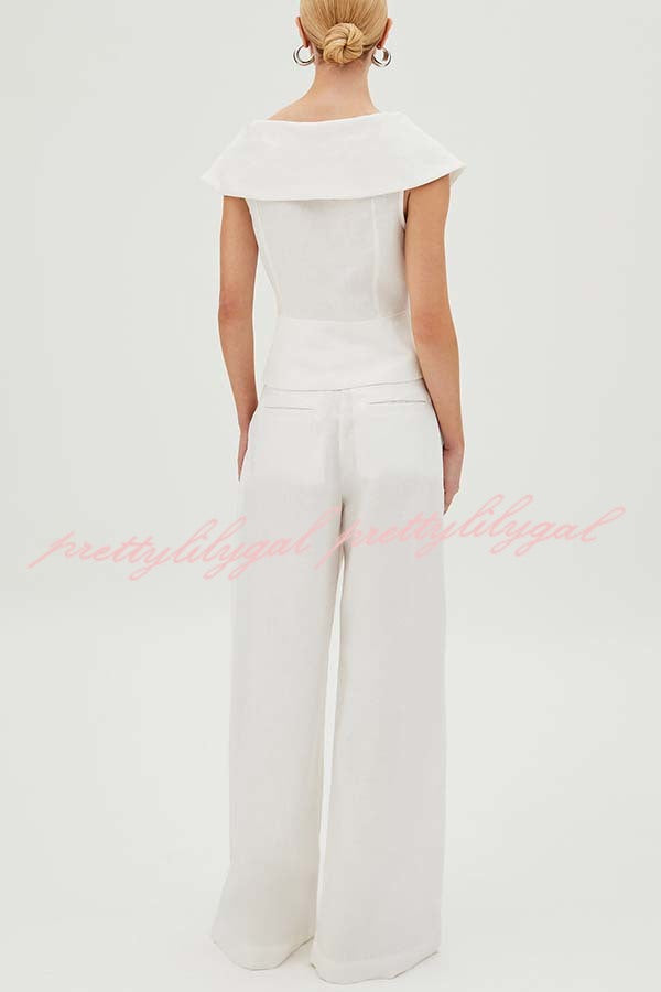 Velena Linen Blend Button Up Lapel Top and High Rise Pocket Wide Leg Pants Set
