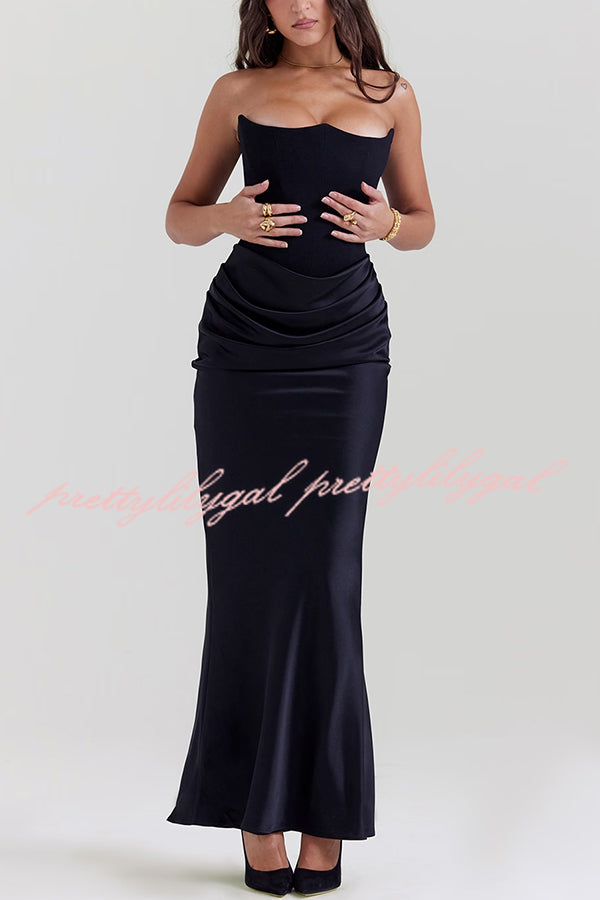 Persephone Crepe and Satin Patchwork Off Shoulder Ruched Maxi Dress