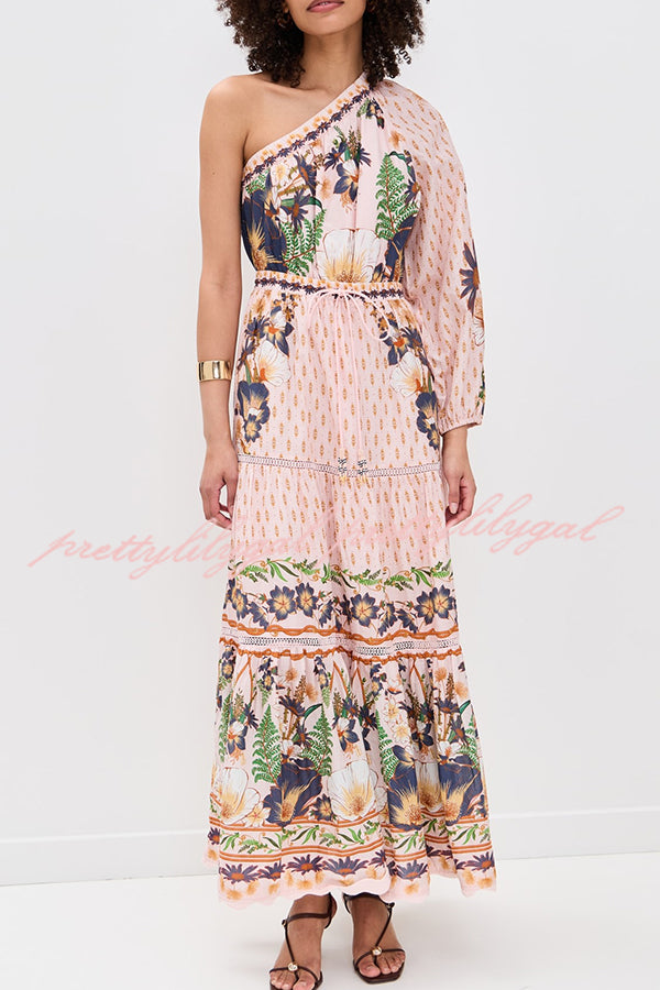 Dream Garden Unique Print One Shoulder Elastic Waist Pocket Maxi Dress