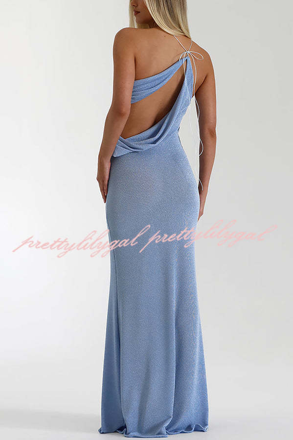 Elissa Glitter Fabric One Shoulder Asymmetrical Cutout Stretch Maxi Dress