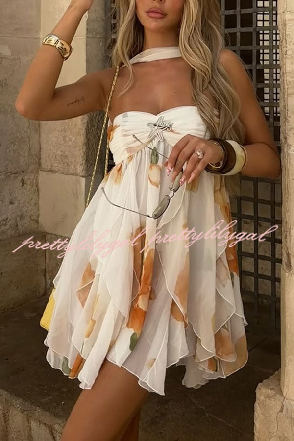 Arabella Floral Print Starfish Brooch Inverted Halter Neck Slit Ruffles Mini Dress